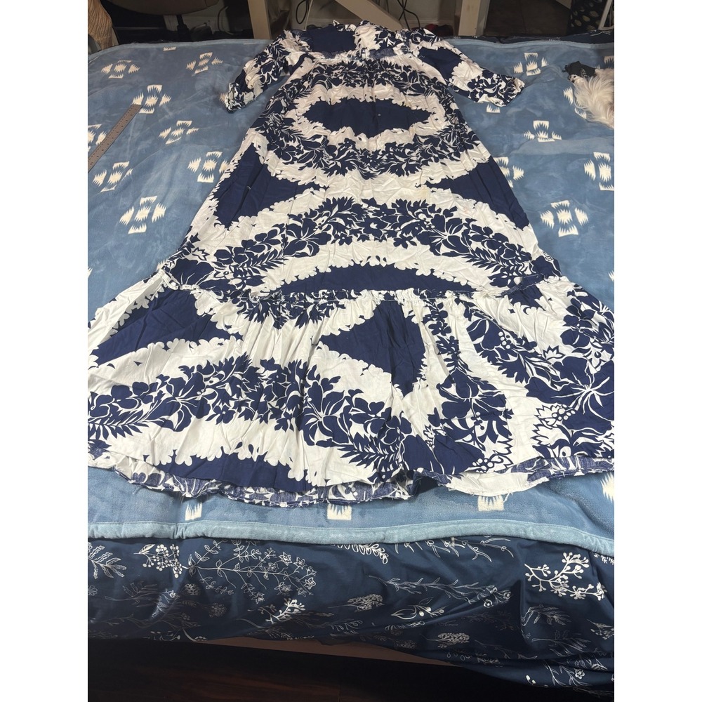 Navy Blue White Floral Leaf Tiered Maxi Dress Long Sleeve Ruffle Neck Boho